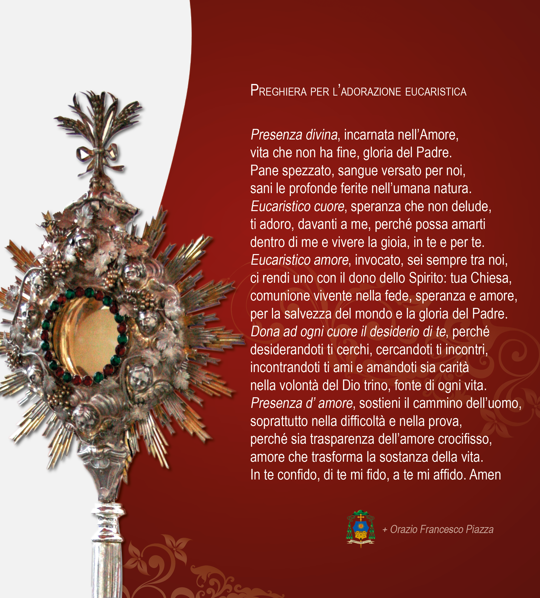 Preghiera Di Adorazione Al Santissimo Sacramento In comunione spirituale. La preghiera del Vescovo Orazio Francesco